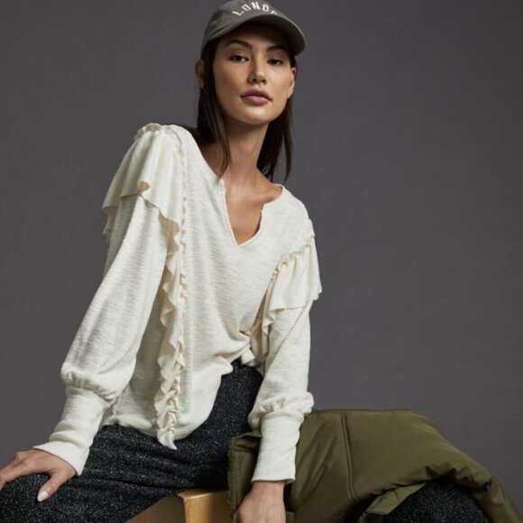 Anthropologie Pilcro Cozy Popover Ruffled V-Neck Blouson Sleeve Top (S) - Picture 1 of 9